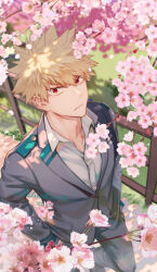 Rule 34 | 1boy, :|, bakugou katsuki, birthday, blazer, blonde hair, blurry, blurry background, boku no hero academia, branch, buttons, cherry blossoms, closed mouth, collared shirt, commentary, dappled sunlight, dated, depth of field, double horizontal stripe, dress shirt, expressionless, eyebrows hidden by hair, falling petals, fence, film grain, flower, foot out of frame, from above, grass, grey jacket, grey pants, hair between eyes, hands in pockets, head back, highres, jacket, lapels, light, long sleeves, looking at viewer, looking up, male focus, milmil (wa ten&#039;nendesu), notched lapels, outdoors, pants, petals, pink flower, pocket, red eyes, road, school uniform, shade, shirt, short hair, shoulder strap, solo, spiked hair, sunlight, timestamp, twitter username, u.a. school uniform, v-shaped eyebrows, walking, white shirt, wooden fence