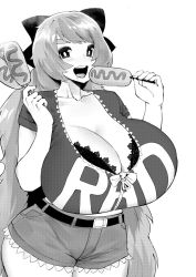 Rule 34 | 1girl, belt, blush, breasts, cleavage, commentary, commission, corn dog, cowboy shot, curvy, drooling, english commentary, food, happy, highres, huge breasts, long hair, looking at viewer, midriff peek, monochrome, norman maggot, saliva, short shorts, short sleeves, shorts, simple background, smile, solo, standing, very long hair, white background, zipper, zipper pull tab