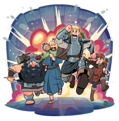 Rule 34 | 1girl, 3boys, armor, artist name, axe, backpack, bag, beard, belt, black eyes, blonde hair, blue eyes, book, boots, bracer, brown footwear, brown gloves, brown hair, carrot, chainmail, chilchuck tims, clenched hands, closed eyes, commentary, dungeon meshi, dwarf, english commentary, explosion, facial hair, fake horns, fingerless gloves, gloves, highres, holding, holding ladle, holding staff, horned headwear, horns, ladle, laios touden, lettuce, marcille donato, multiple boys, muscular, muscular male, mustache, pointy ears, robe, running, sandals, senshi (dungeon meshi), sheath, sheathed, staff, sword, watermark, weapon, yonson carbonell