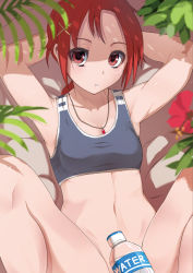 Rule 34 | 10s, 1girl, :o, armpits, arms up, bare shoulders, bottle, bottomless, hino akane (smile precure!), jewelry, looking at viewer, miyamoto issa, navel, necklace, no panties, precure, red eyes, red hair, smile precure!, solo, sports bra, water bottle