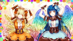 Rule 34 | 2girls, ;), arms up, bad id, bad pixiv id, blue dress, blue hair, blue nails, blue wings, blunt bangs, blush, braid, brown gloves, copyright name, cross, cross necklace, dress, feathered wings, feathers, fingerless gloves, floral background, flower, gloves, green eyes, grey eyes, hair between eyes, hair flower, hair ornament, highres, jewelry, kerberos blade, long hair, multiple girls, nail polish, necklace, official art, one eye closed, orange dress, pink nails, short sleeves, smile, standing, twin braids, very long hair, wings, yellow wings, yukino cm