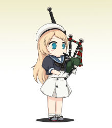 Rule 34 | 1girl, bagpipes, blonde hair, blue eyes, blue sailor collar, commentary request, dress, frilled socks, frills, full body, gloves, gradient background, grey background, hat, highres, instrument, jervis (kancolle), kantai collection, long hair, sailor collar, sailor dress, sailor hat, short sleeves, socks, solo, standing, white dress, white gloves, white hat, yakuto007