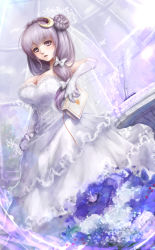 Rule 34 | 1girl, bare shoulders, book, breasts, cleavage, crescent, crescent hair ornament, dress, elbow gloves, flower, frilled dress, frills, gloves, hair ornament, highres, holding, hoshibuchi, large breasts, long dress, long hair, patchouli knowledge, purple eyes, purple hair, solo, touhou, wedding dress