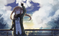 Rule 34 | 1girl, armband, belt, blush, brown hair, buckle, cloud, falling leaves, fingerless gloves, floating hair, girls&#039; frontline, gloves, hair ornament, hairclip, hand on railing, highres, idass, jacket, leaf, long hair, neck ribbon, open mouth, outdoors, pleated skirt, railing, ribbon, scar, scar across eye, scar on face, scarf, scenery, shirt, sidelocks, skirt, smile, solo, twintails, ump9 (girls&#039; frontline), waving, wind