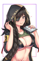 Rule 34 | 1girl, adapted costume, alcohol, armband, bikini, black bikini, black hair, blonde hair, blush, braid, breasts, cenangam, character name, clothes lift, eyepatch, flask, girls&#039; frontline, hand up, holding, holding flask, hood, hood up, hooded jacket, jacket, large breasts, licking lips, long hair, looking at viewer, m16a1 (girls&#039; frontline), mole, mole on breast, mole under eye, multicolored hair, navel, outside border, pouring, scar, scar across eye, scar on face, scarf, shirt lift, single braid, smile, stomach, streaked hair, swimsuit, tattoo, toned, tongue, tongue out, unzipped, upper body