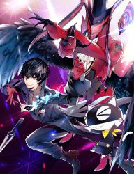 Rule 34 | &gt; &lt;, 2boys, absurdres, amamiya ren, arms up, arsene (persona 5), ascot, bandana, black coat, black eyes, black footwear, black hair, black headwear, black pants, black shirt, black wings, card, cat, claws, coat, commentary, dagger, diffraction spikes, feathered wings, gloves, grin, hair between eyes, hands up, hat, highres, knife, long coat, looking at viewer, male focus, mask, morgana (persona 5), multiple boys, pants, persona, persona 5, platform footwear, red coat, red eyes, red gloves, shirt, short hair, smile, top hat, waistcoat, weapon, white ascot, wings, yellow ascot, yellow bandana, yuu (isis7796)