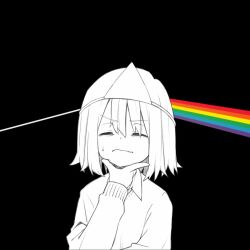 Rule 34 | 1girl, album cover redraw, collared shirt, dark side of the moon, derivative work, facing viewer, frown, hand on own chin, hand up, highres, idou kyoushitsu, layered clothes, original, parody, partially colored, pink floyd, rainbow, shirt, short hair, simple background, small sweatdrop, solo, stroking own chin, sweater, thinking, triangular headpiece, upper body, v-shaped eyebrows