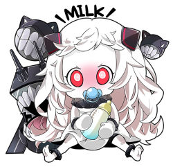 Rule 34 | 10s, 1girl, abyssal ship, ahoge, bottle, chibi, colored skin, dress, horns, kantai collection, kayama benio, long hair, looking at viewer, machinery, mittens, northern ocean princess, pacifier, red eyes, sitting, solo, white dress, white hair, white skin