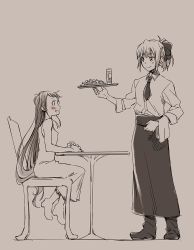 Rule 34 | 10s, 2girls, alternate costume, blush, chair, commentary request, dress, food, kantai collection, long hair, looking at another, monochrome, multiple girls, necktie, open mouth, samidare (kancolle), sitting, smile, spot color, table, tray, tsuta no ha, yuubari (kancolle)