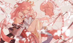 Rule 34 | 1girl, animal ears, blurry, cherry blossoms, commentary, depth of field, detached sleeves, dual persona, fox, fox ears, fox girl, from above, from side, genshin impact, hair between eyes, hair ornament, japanese clothes, jushoro, knees to chest, long hair, long sleeves, looking at another, looking away, lying, nontraditional miko, on side, pink hair, purple eyes, ribbon-trimmed sleeves, ribbon trim, sidelocks, simple background, sleeping, wide sleeves, yae miko, yae miko (fox)
