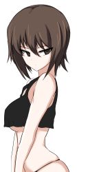 Rule 34 | 1girl, absurdres, aikir (jml5160), black panties, black shirt, breasts, brown eyes, brown hair, closed mouth, commentary, crop top, from side, girls und panzer, half-closed eyes, highres, light frown, looking at viewer, medium breasts, medium hair, nishizumi maho, panties, shirt, short hair, simple background, skindentation, solo, standing, tank top, underboob, underwear, underwear only, upper body, white background