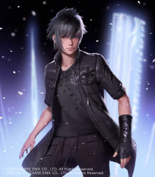 Rule 34 | 10s, 1boy, black eyes, black hair, blurry, blurry background, final fantasy, final fantasy xv, fingerless gloves, gloves, highres, ilya kuvshinov, jacket, looking at viewer, lord of vermilion, lord of vermilion iv, male focus, noctis lucis caelum, official art, single fingerless glove, solo, standing, watermark