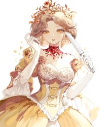 Rule 34 | 1girl, blonde hair, dress, flower, frilled dress, frills, gloves, gown, hair flower, hair ornament, hands up, highres, holding, holding knife, identity v, jewelry, knife, looking at viewer, mary (identity v), necklace, parted bangs, rose, short hair, solo, upper body, white gloves, wide sleeves, xiaochuan562, yellow dress, yellow eyes, yellow flower, yellow gemstone, yellow rose