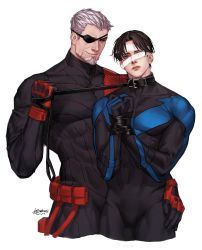Rule 34 | 2boys, animal collar, artist name, bandage over one eye, bandages, bara, batman (series), black bodysuit, black hair, blue bodysuit, blue eyes, bodysuit, bound, bound wrists, closed mouth, collar, covered abs, dc comics, deathstroke, dick grayson, eyepatch, facial hair, fingerless gloves, gloves, goatee, grey hair, hand on another&#039;s hip, highres, holding, holding leash, large pectorals, leash, looking at another, looking at viewer, male focus, mature male, multiple boys, muscular, muscular male, nightwing, one eye covered, parted lips, pectorals, red bodysuit, red gloves, short hair, sideburns, simple background, sklavisch, smile, two-tone bodysuit, yaoi