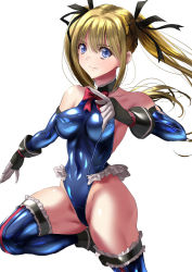 Rule 34 | 1girl, bare shoulders, black gloves, black ribbon, blonde hair, blue eyes, blue leotard, blue one-piece swimsuit, blue thighhighs, breasts, commentary request, covered navel, cowboy shot, dead or alive, dead or alive 5, elbow gloves, frilled leotard, frilled thighhighs, frills, gloves, hair ornament, hair ribbon, highleg, highleg leotard, leotard, long hair, marie rose, one-piece swimsuit, ribbon, sen (sansui), simple background, small breasts, smile, solo, swimsuit, thighhighs, twintails, white background, x hair ornament