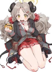 Rule 34 | 1girl, ahoge, black coat, black footwear, black horns, blue archive, blush, breasts, brown eyes, brown hair, burger, chocolate, coat, collared shirt, demon horns, food, full body, halo, highres, holding, holding food, horns, izumi (blue archive), large breasts, long hair, long sleeves, looking at viewer, necktie, nemo (leafnight), open mouth, pleated skirt, red necktie, red skirt, shirt, shoes, simple background, skirt, socks, solo, white background, white shirt, white socks, yellow halo