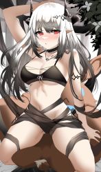 Rule 34 | 1girl, :&lt;, arknights, arm behind head, arm up, armlet, bad id, bad pixiv id, bare shoulders, bikini, black bikini, blush, breasts, cleavage, closed mouth, collar, cowgirl position, female focus, gradient hair, grey hair, hair ornament, highres, horns, infection monitor (arknights), jewelry, large breasts, long hair, looking at viewer, mudrock (arknights), mudrock (silent night) (arknights), multicolored hair, navel, necklace, official alternate costume, pointy ears, red eyes, see-through, shiben (ugvu5784), solo, spread legs, straddling, stuffed animal, stuffed rabbit, stuffed toy, swimsuit, white hair
