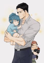 Rule 34 | 1girl, 3boys, aged down, bandages, bandana, black gloves, black hair, blue hair, brown hair, clark still, closed eyes, closed mouth, collared shirt, eyepatch, father and daughter, gloves, heidern, highres, leona heidern, multicolored bandeau, multiple boys, pants, ponytail, ralf jones, red gloves, shirt, short hair, sleeping, smile, sunglasses, the king of fighters, white shirt, yoyo04997