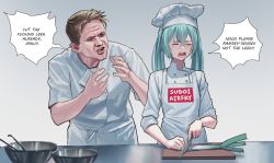 Rule 34 | 1boy, 1girl, aqua hair, arguing, blue eyes, blue nails, blush, breasts, chef, chef hat, closed eyes, commentary, cooking, crying, cutting board, dialogue box, english commentary, english text, gordon ramsay, hat, hatsune miku, hell&#039;s kitchen, highres, knife, long hair, nail polish, open mouth, pot, profanity, real life, screaming, simple background, small breasts, spring onion, sugoi dekai, vertigris, vocaloid