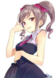 Rule 34 | 10s, 1girl, bare shoulders, dress, holding, idolmaster, idolmaster cinderella girls, kanzaki ranko, looking at viewer, necktie, red eyes, silver hair, simple background, solo, t-okada, twintails, umbrella, white background