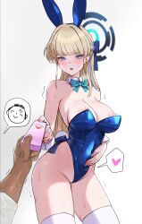 Rule 34 | 1boy, 1girl, ^ ^, absurdres, anger vein, animal ears, areola slip, blonde hair, blue archive, blue eyes, blue hair, blue leotard, blunt bangs, blush, bow, bowtie, breasts, closed eyes, controller, detached collar, doodle sensei (blue archive), ear piercing, fake animal ears, fake tail, gradient background, grey background, halo, heart, highres, holding, large breasts, leotard, long hair, looking at viewer, lukapia, multicolored hair, open mouth, parted lips, piercing, playboy bunny, rabbit ears, remote control, sensei (blue archive), simple background, solo focus, spoken heart, sweat, tail, thighhighs, toki (blue archive), toki (bunny) (blue archive), vibrator, vibrator under clothes, white background, white thighhighs, wrist cuffs