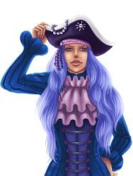 Rule 34 | 1girl, blue eyes, blue hair, hand on own hip, hat, highres, long hair, long sleeves, looking at viewer, neckerchief, noldien, one piece, pirate hat, purple neckerchief, simple background, solo, striped clothes, vertical-striped clothes, white background, whitey bay