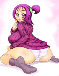 Rule 34 | 1girl, aged up, ass, blush, breasts, feet, female focus, from behind, hair ornament, huge ass, huge breasts, legs, looking at viewer, looking back, no pants, ojamajo doremi, open mouth, panties, purple eyes, purple hair, purple panties, purple socks, purple sweater, segawa onpu, sentarou, shiny skin, short hair, side ponytail, simple background, sitting, socks, soles, solo, striped clothes, striped panties, sweater, thighs, underwear