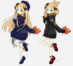 Rule 34 | 2girls, abigail williams (fate), abigail williams (traveling outfit) (fate), alternate hairstyle, bandaid, bandaid on face, bandaid on forehead, belt, black bow, black dress, black hat, black jacket, blonde hair, bloomers, blue eyes, blush, bow, dress, dual persona, fate/grand order, fate (series), forehead, full body, hair bow, hair bun, hat, high collar, holding, holding stuffed toy, index finger raised, jacket, kazuma muramasa, legs, loafers, long hair, looking at viewer, multiple girls, multiple views, official alternate costume, open mouth, orange bow, parted bangs, polka dot, polka dot bow, shoes, simple background, single hair bun, sleeves past fingers, sleeves past wrists, stuffed animal, stuffed toy, teddy bear, thighs, underwear, white background, white bloomers