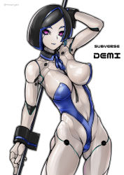 Rule 34 | 1girl, aegis (nerocc), android, black hair, blue lips, blue ribbon, breasts, demi (subverse), highres, joints, navel, nude, pole, purple eyes, pussy, ribbon, robot joints, subverse