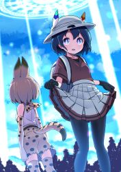 Rule 34 | 10s, 2girls, adapted costume, animal ears, backpack, bag, black gloves, black legwear, blonde hair, blue eyes, blue hair, bucket hat, commentary request, elbow gloves, gloves, hat, hat feather, kaban (kemono friends), kemono friends, light beam, looking at viewer, looking away, multiple girls, pantyhose, parted lips, pleated skirt, print gloves, print legwear, print shorts, red shirt, serval (kemono friends), serval print, serval tail, shipii (jigglypuff), shirt, short hair, short sleeves, shorts, skirt, skirt hold, sleeveless, sleeveless shirt, tail, thighhighs, white hat, white shirt