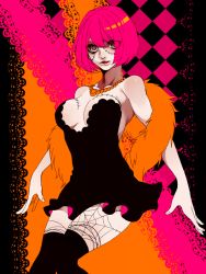 Rule 34 | 1girl, akizuki hakuto, black dress, breasts, cleavage, dress, feather boa, female focus, one piece, patterned legwear, silk, solo, spider web, thighhighs, thriller bark, victoria cindry, zombie