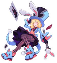 Rule 34 | 1girl, absurdres, animal ears, animal shoes, artist request, blonde hair, card, finii (omega strikers), full body, gradient legwear, hat, highres, holding, holding wand, jacket, leggings, magician, official art, omega strikers, open mouth, patterned clothing, playing card, pom pom (cheerleading), rabbit ears, rabbit ornament, red eyes, salute, solo, striped leggings, teeth, top hat, upper teeth only, wand