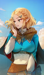 Rule 34 | 1girl, absurdres, artist name, blonde hair, blue sky, braid, breasts, capelet, cloud, crown braid, foxyreine, green eyes, hair ornament, hairclip, highres, large breasts, long sleeves, nintendo, parted bangs, parted lips, pointy ears, pouch, princess zelda, short hair, signature, sky, smile, solo, the legend of zelda, the legend of zelda: tears of the kingdom, upper body
