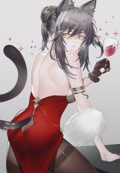 Rule 34 | 1girl, absurdres, alcohol, alternate costume, animal ear fluff, animal ears, arknights, armlet, ass, backless dress, backless outfit, bad id, bad pixiv id, bare shoulders, black gloves, black hair, breasts, brown pantyhose, cat ears, cat girl, cat tail, chise (cym23730), clothing cutout, cowboy shot, cup, dress, drinking glass, extra ears, fur shawl, gloves, hair between eyes, hair bun, highres, holding, holding cup, long hair, medium breasts, pantyhose, parted lips, pelvic curtain, red dress, schwarz (arknights), shawl, sideboob, sidelocks, single glove, single hair bun, smile, solo, sparkle, table, tail, tail through clothes, thighband pantyhose, wine, wine glass, yellow eyes