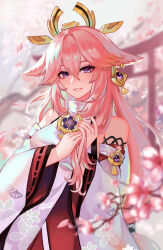 Rule 34 | 1girl, animal ears, bare shoulders, cherry blossoms, commentary request, crossed bangs, detached sleeves, earrings, fingernails, flower, fox ears, fox girl, genshin impact, grin, hair between eyes, hair ornament, hand in own hair, japanese clothes, jewelry, long hair, looking at viewer, momoirofox, nontraditional miko, petals, pink flower, pink hair, pink nails, purple eyes, shirt, smile, solo, very long hair, white shirt, wide sleeves, yae miko
