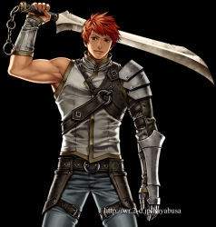 Rule 34 | 1boy, acquire, armor, armpits, asymmetrical clothes, asymmetrical sleeves, black background, blouse, cowboy shot, gauntlets, grey shirt, halterneck, holding, holding sword, holding weapon, legs apart, male focus, pants, red hair, shirt, simple background, sleeveless, sleeveless shirt, solo, spiked hair, standing, sword, thigh strap, uneven sleeves, watermark, weapon, web address, wizardry, yuki hayabusa