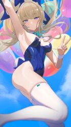 Rule 34 | 1girl, absurdres, animal ears, arm up, armpits, blonde hair, blue archive, blue eyes, blue leotard, bow, bowtie, breasts, cherrymaru, detached collar, fake animal ears, highleg, highleg leotard, highres, korean commentary, leotard, long hair, looking at viewer, medium breasts, official alternate costume, playboy bunny, presenting armpit, rabbit ears, sideboob, solo, strapless, strapless leotard, thighhighs, toki (blue archive), toki (bunny) (blue archive), twitter username, v, very long hair, white thighhighs, wrist cuffs