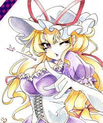 Rule 34 | 1girl, absurdres, blonde hair, blowing kiss, breasts, cleavage, colored pencil (medium), corset, elbow gloves, eyelashes, gloves, gokuu (acoloredpencil), hair ribbon, hat, heart, highres, large breasts, long hair, looking at viewer, one eye closed, parted lips, purple eyes, ribbon, shikishi, signature, simple background, solo, touhou, traditional media, white background, white gloves, yakumo yukari