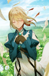 Rule 34 | 10s, 1girl, blonde hair, blue eyes, blue jacket, braid, brooch, closed eyes, cloud, day, dress, flower, flying, gloves, grass, hair between eyes, hair intakes, hair ribbon, hands on own chest, highres, jacket, jewelry, letter, long hair, long sleeves, own hands together, paper, pendant, red ribbon, ribbon, salmon88, solo, standing, violet evergarden, violet evergarden (series), wind