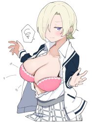 Rule 34 | 1girl, alternate breast size, blonde hair, blush, bra, breasts, cleavage, collarbone, collared shirt, commentary request, commission, ear piercing, flying button, hair over one eye, highres, jacket, large breasts, liz (piyoko piyop), long sleeves, looking at viewer, love live!, love live! nijigasaki high school idol club, mia taylor, nijigasaki school uniform, open clothes, open jacket, open shirt, piercing, pink bra, plaid, plaid skirt, pleated skirt, purple eyes, school uniform, shirt, short hair, skeb commission, skirt, solo, spoken squiggle, squiggle, underwear, upper body, white background, white jacket, white shirt, white skirt, winter uniform