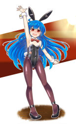 Rule 34 | 1girl, animal ears, arm up, black footwear, black leotard, black pantyhose, blue hair, bow, bowtie, covered navel, detached collar, flat chest, full body, hinanawi tenshi, leotard, long hair, mail (mail gell), pantyhose, playboy bunny, rabbit ears, rabbit girl, rabbit tail, red bow, red bowtie, red eyes, solo, strapless, strapless leotard, tail, touhou, wrist cuffs