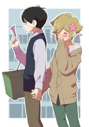 Rule 34 | 2boys, basil (omori), black hair, black sweater vest, blonde hair, blue background, blush, border, brown pants, brown sweater, closed eyes, collared shirt, covering own mouth, eyepatch, flower, green pants, highres, holding, holding hands, holding paper, long sleeves, medium hair, multiple boys, nme (mmeeeetcha), non-web source, omori, pants, paper, pink flower, shirt, shopping, shopping basket, short hair, sleeves past wrists, smile, standing, sunny (omori), sweater, sweater vest, white background, white border, white shirt, yaoi
