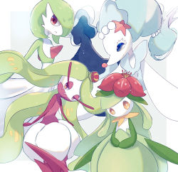 Rule 34 | 4girls, animal nose, blank eyes, blue background, blue eyes, blue hair, bob cut, border, bright pupils, colored eyelashes, colored skin, creatures (company), female focus, flat chest, flower, furry, furry female, game freak, gardevoir, gen 3 pokemon, gen 5 pokemon, gen 7 pokemon, green hair, green skin, hair flower, hair ornament, hair over one eye, half-closed eyes, highres, lilligant, long hair, looking at viewer, looking to the side, mermaid, monster girl, multicolored skin, multiple girls, nintendo, no mouth, one eye covered, orange eyes, outline, outside border, own hands together, parted lips, pearl hair ornament, pio (piopio poke), plant girl, plant hair, pokemon, pokemon (creature), ponytail, primarina, purple skin, red eyes, red flower, short hair, sidelocks, simple background, snout, standing, starfish hair ornament, swept bangs, tsareena, two-tone skin, white border, white outline, white pupils, white skin