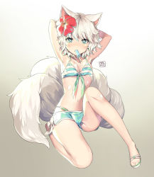 Rule 34 | 1girl, absurdres, animal ears, armpits, arms behind head, arms up, artist name, bare legs, bikini, bikini top only, blush, breasts, bright pupils, cleavage, flower, food, food on body, front-tie bikini top, front-tie top, full body, gradient background, hair flower, hair ornament, highres, looking at viewer, malpoi, mouth hold, multiple tails, popsicle, sandals, short hair, short shorts, shorts, simple background, sitting, small breasts, solo, striped bikini, striped bikini top, striped clothes, swimsuit, tail, white hair