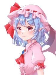 Rule 34 | 1girl, ascot, bat wings, blue hair, blush, brooch, frilled shirt collar, frills, from side, hat, hat ribbon, highres, jewelry, light smile, looking at viewer, medium hair, mob cap, pink hat, pink shirt, pointy ears, puffy short sleeves, puffy sleeves, red ascot, red eyes, red ribbon, remilia scarlet, ribbon, shirt, short sleeves, simple background, solo, touhou, uotarema, upper body, v-shaped eyebrows, white background, wings