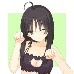 Rule 34 | 1girl, ;), ahoge, bare arms, black bra, black hair, blush, border, bra, breasts, cat lingerie, cleavage, cleavage cutout, closed mouth, clothing cutout, collarbone, commentary request, green background, green eyes, hair between eyes, hands up, happy, hitachi mako, large breasts, looking at viewer, meme attire, one eye closed, paw pose, senren banka, shirayamakoma, short hair with long locks, simple background, smile, solo, spaghetti strap, split mouth, straight hair, tsurime, underwear, upper body, white border