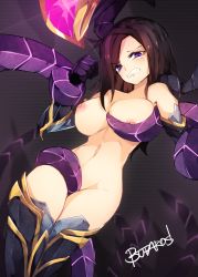 Rule 34 | 1girl, grabbing another&#039;s breast, breasts, brown hair, butaros, clenched teeth, grabbing, groping, highres, kai&#039;sa, large breasts, league of legends, long hair, nipples, nude, purple eyes, rape, restrained, solo, tears, teeth, tentacles