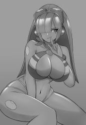 Rule 34 | 1girl, ascot, bare shoulders, between legs, blunt bangs, breasts, cleavage, commentary, cowboy shot, forehead, greyscale, hair over one eye, hand between legs, highres, index finger raised, large breasts, layer (mega man), long hair, mega man (series), mega man x (series), mega man x dive, miolnel, monochrome, navel, o-ring, o-ring top, parted bangs, simple background, solo, swimsuit, thighs