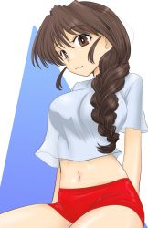 Rule 34 | 1girl, arms behind back, bike shorts, braid, brown eyes, brown hair, closed mouth, commentary request, girls und panzer, hair ornament, hair over shoulder, hairclip, long hair, looking at viewer, midriff, navel, one-hour drawing challenge, partial commentary, red shorts, rukuriri (girls und panzer), rukuriritea, shirt, short shorts, short sleeves, shorts, single braid, sitting, smile, solo, t-shirt