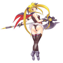 Rule 34 | 00s, 1girl, ankle boots, armband, ass, bardiche (axe form) (nanoha), bardiche (nanoha), belt, black thighhighs, blonde hair, blush, boots, breasts, cape, clothes lift, covered erect nipples, crossed legs, fate testarossa, fate testarossa (movie 1st form), floating hair, from behind, full body, gloves, hair between eyes, hair ornament, hair ribbon, head tilt, holding, kneepits, leotard, lips, long hair, looking at viewer, looking back, lyrical nanoha, mahou shoujo lyrical nanoha, miniskirt, nishitsuki, nishitsuki tsutomu, panties, pantyshot, parted bangs, parted lips, partially visible vulva, pleated skirt, red eyes, ribbon, scythe, sidelocks, simple background, skin tight, skirt, skirt lift, small breasts, solo, standing, strap, studded belt, tank top, thighhighs, tiptoes, twintails, underwear, upskirt, very long hair, watson cross, weapon, white background, wind, wind lift